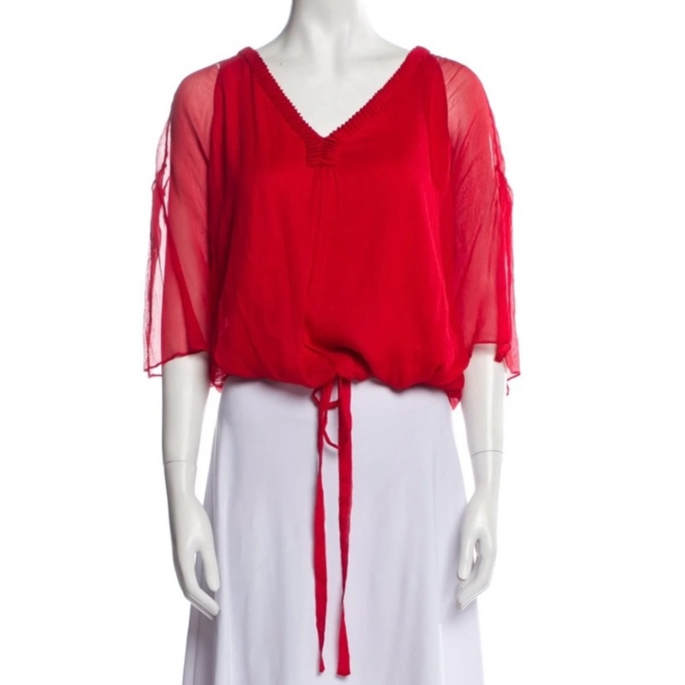 Diane Von Furstenberg Red Silk V-Neck Tie Hem Sheer Blouse